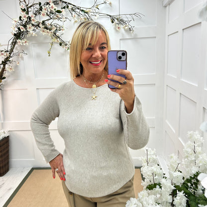 Mindy: Beige plain long sleeve knit top. One size: 10-16/18