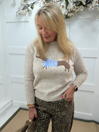 Delilah: Oatmeal long sleeve “dachshund dog” knit jumper. 2 sizes