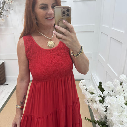 Melody: Red shirred midi dress. One size: 12-18