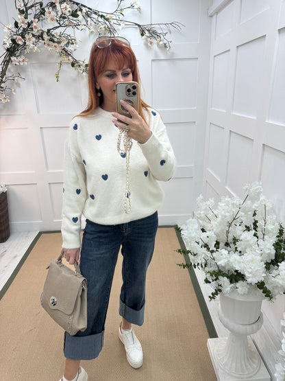 Harmony: Cream & blue heart wool top. One size: 12-18