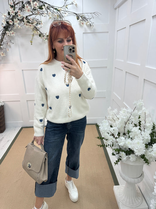 Harmony: Cream & blue heart wool top. One size: 12-18