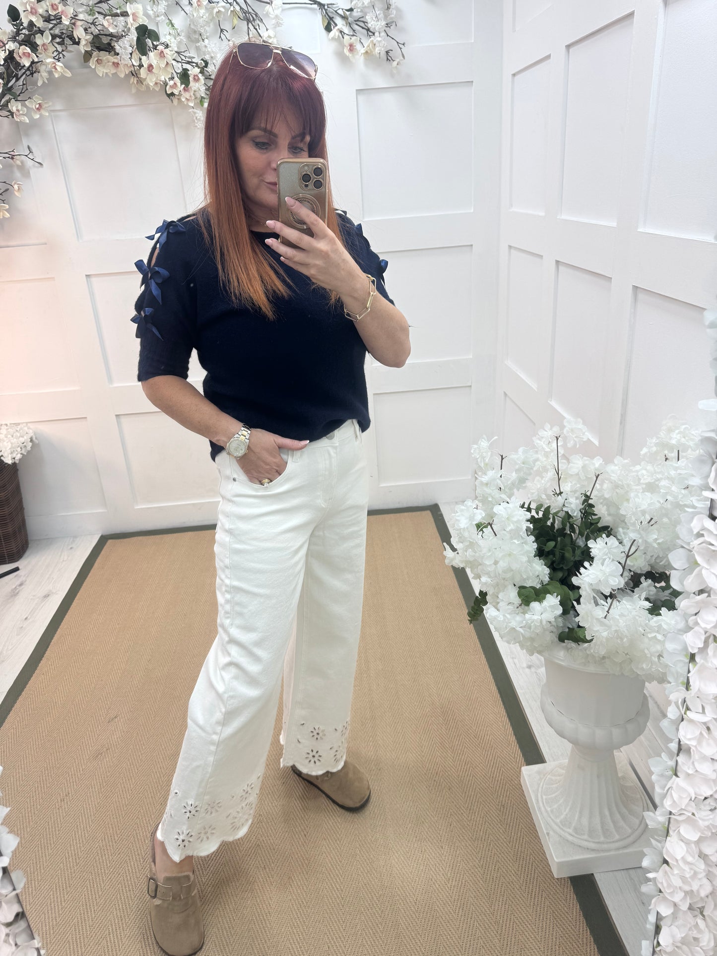 Libby: White stretchy Broderie Anglaise leg jeans. Sizes: 6-14