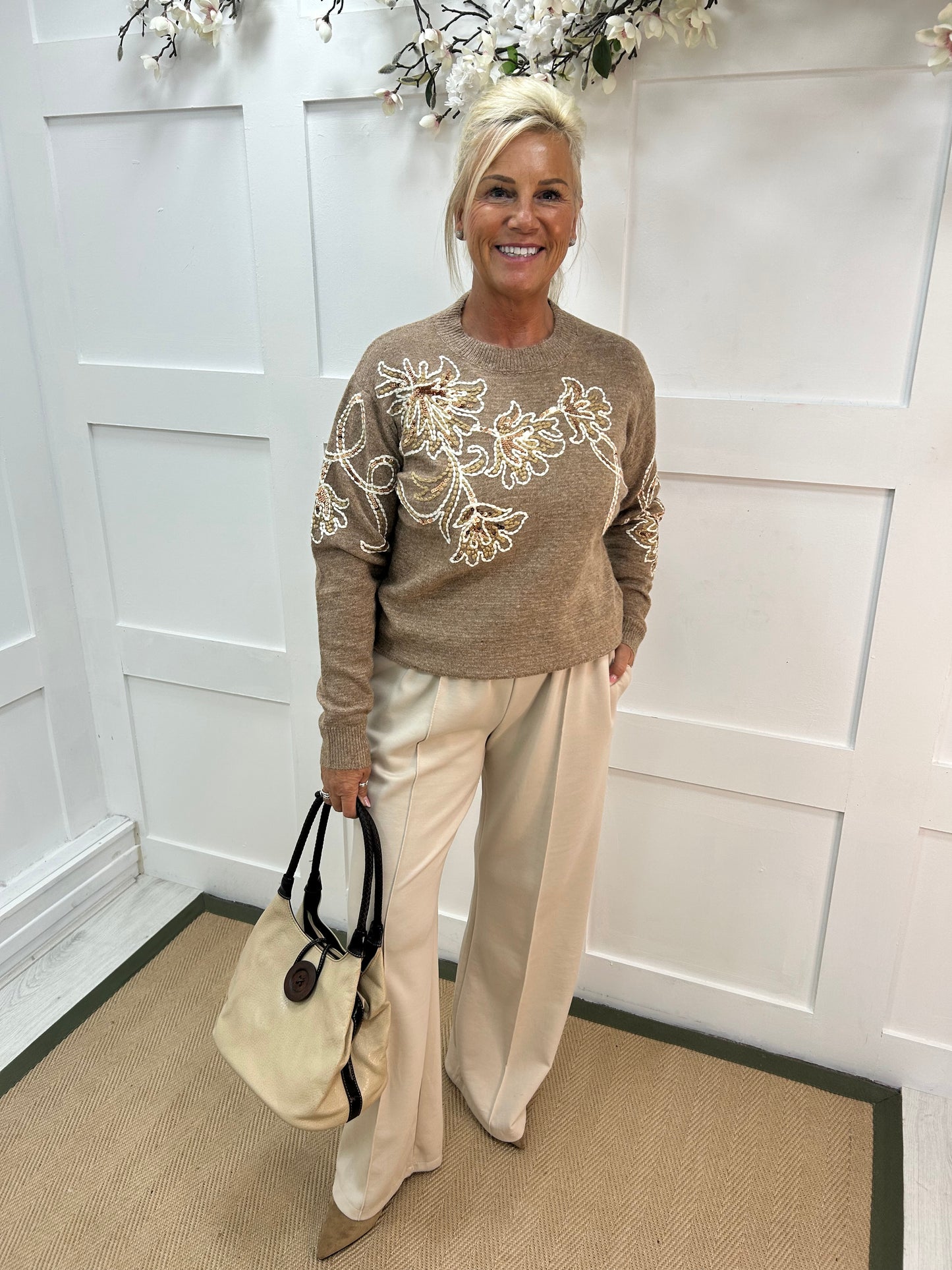 Honey: Sand sequin floral knit top. One size: 10-16