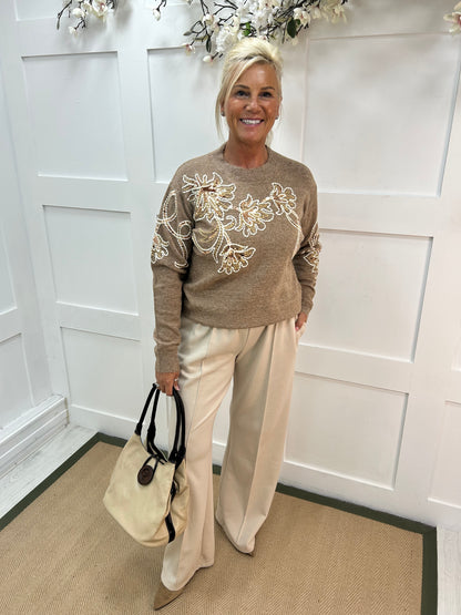 Honey: Sand sequin floral knit top. One size: 10-16