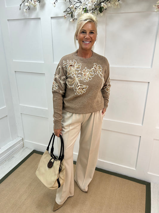 Honey: Sand sequin floral knit top. One size: 10-16