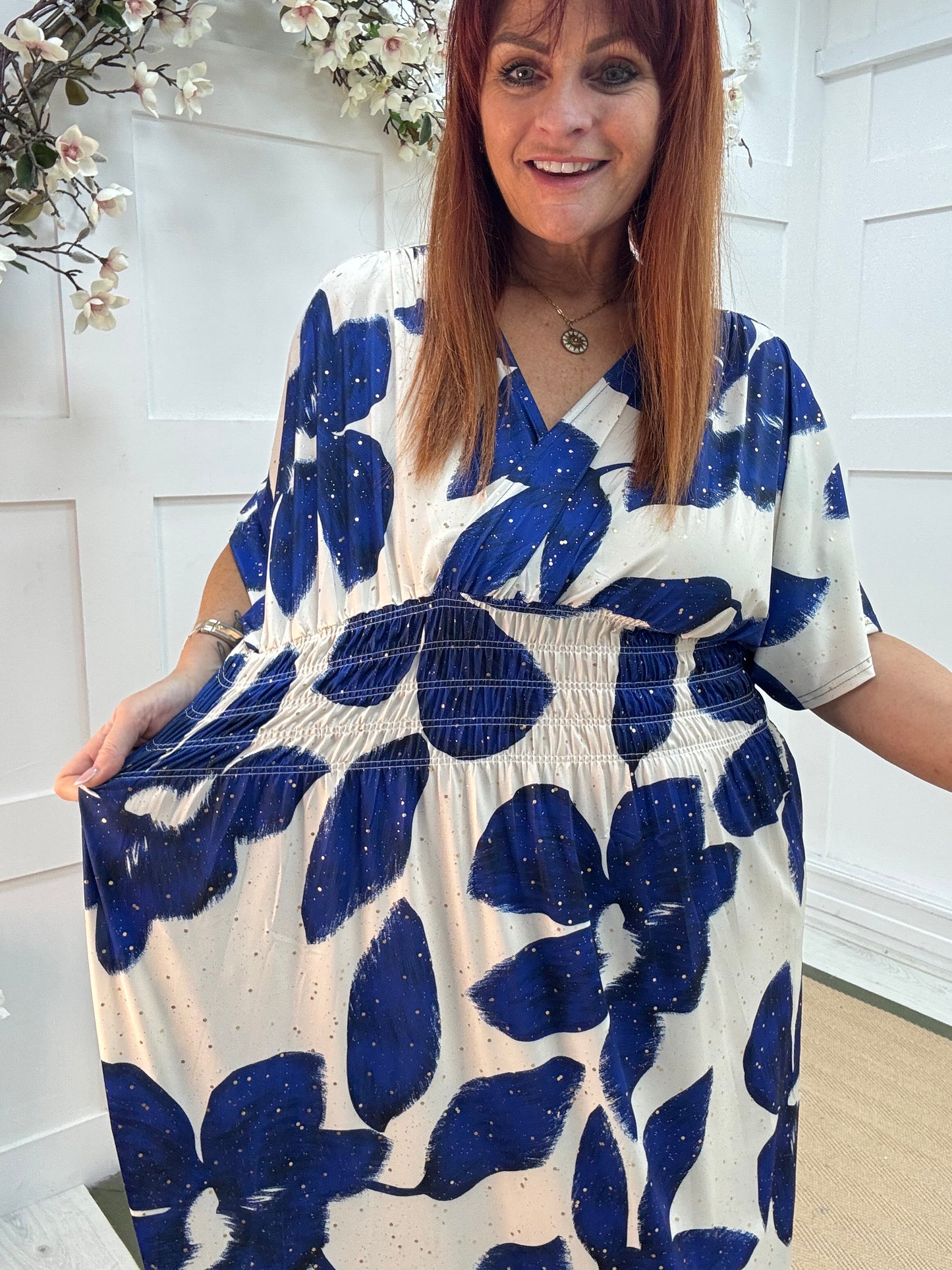 Eva: Stretchy blue & white leaf maxi dress. One size 12-22