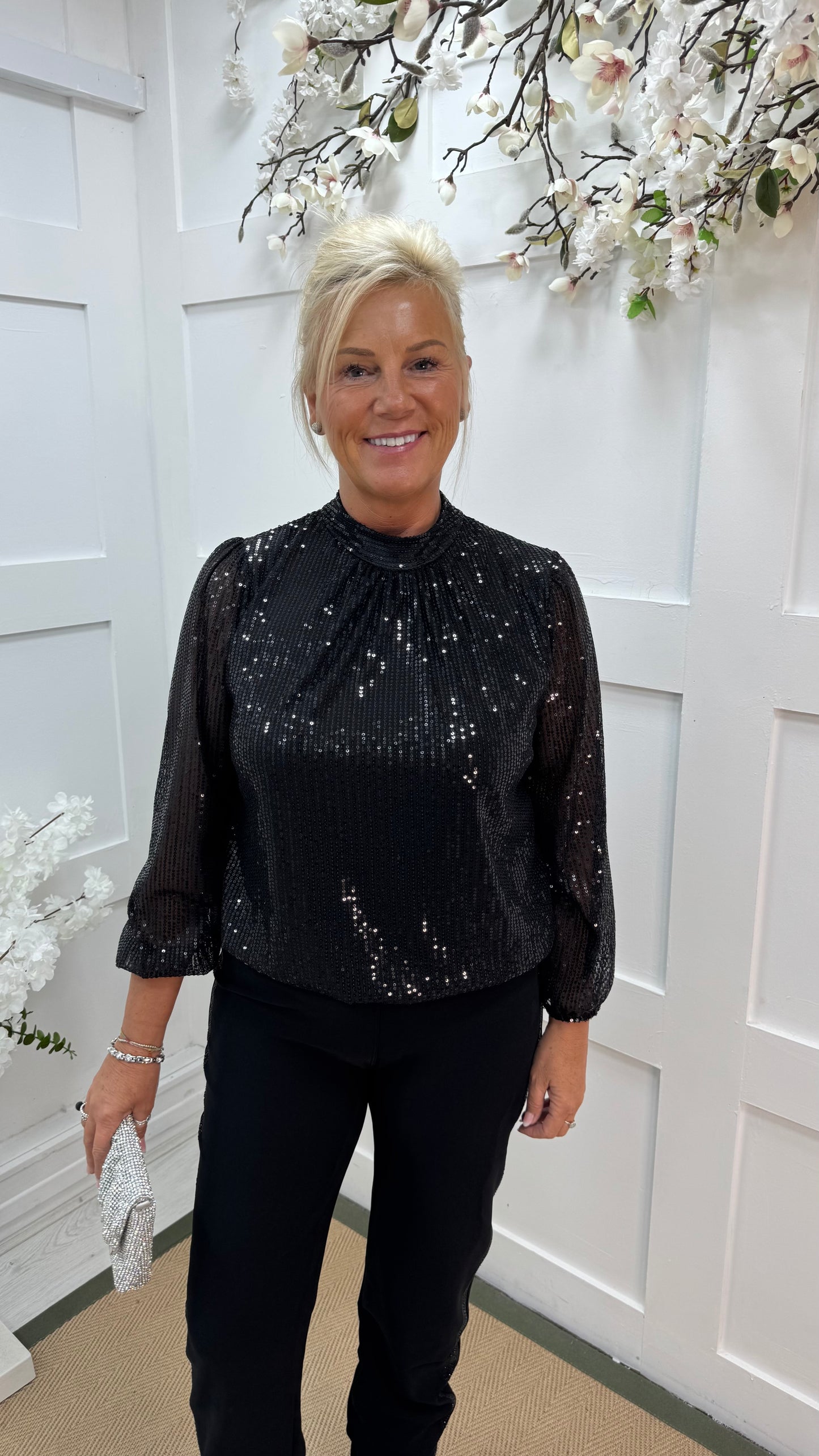 Mia: Black high neck sequin top. One size: 10-16