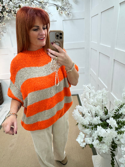 Mabel: Beige & orange slouchy jumper. One size 12-18/20