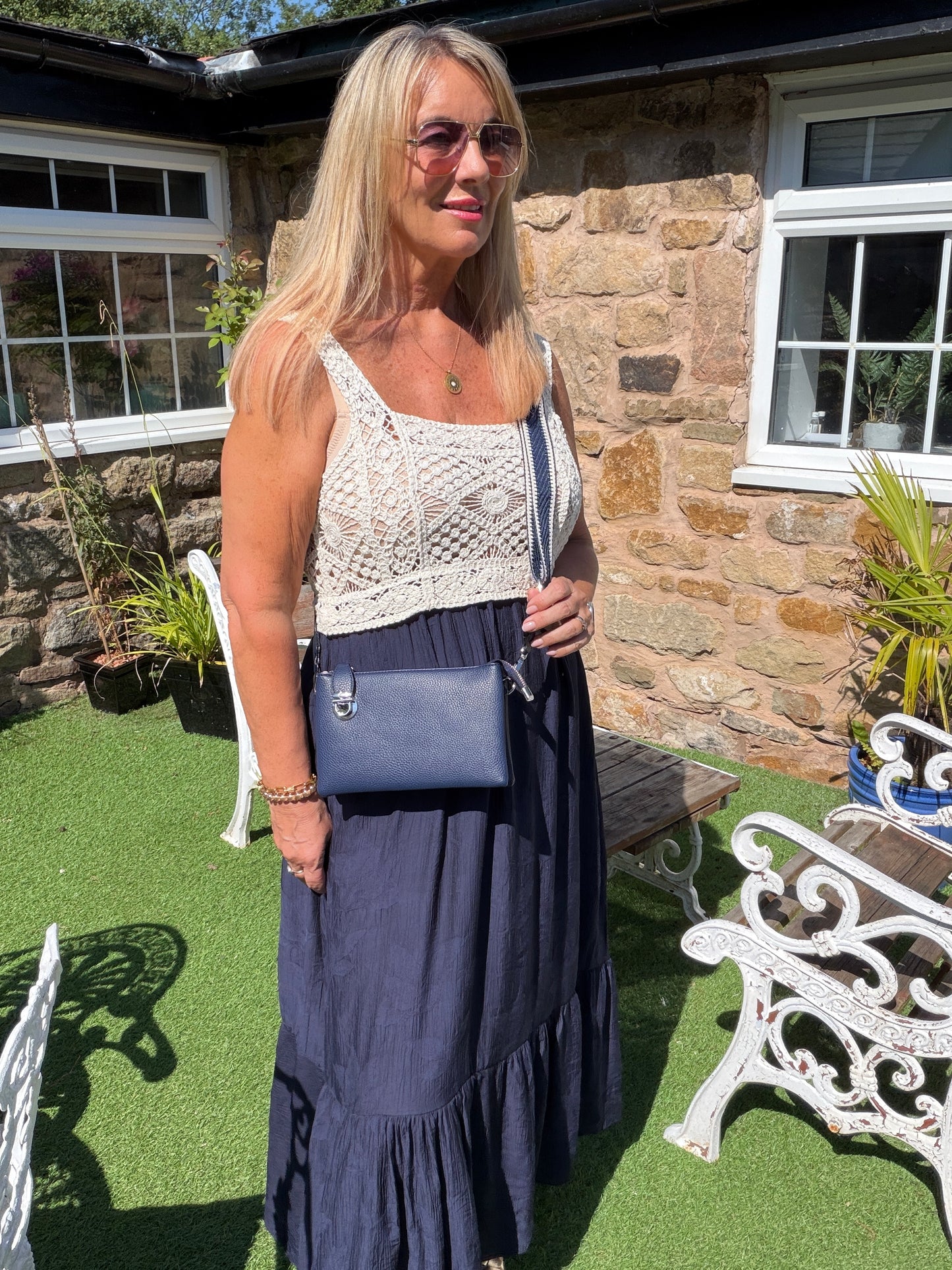 Carly: Cream crochet top maxi dress. One size: 10-16. 3 colours
