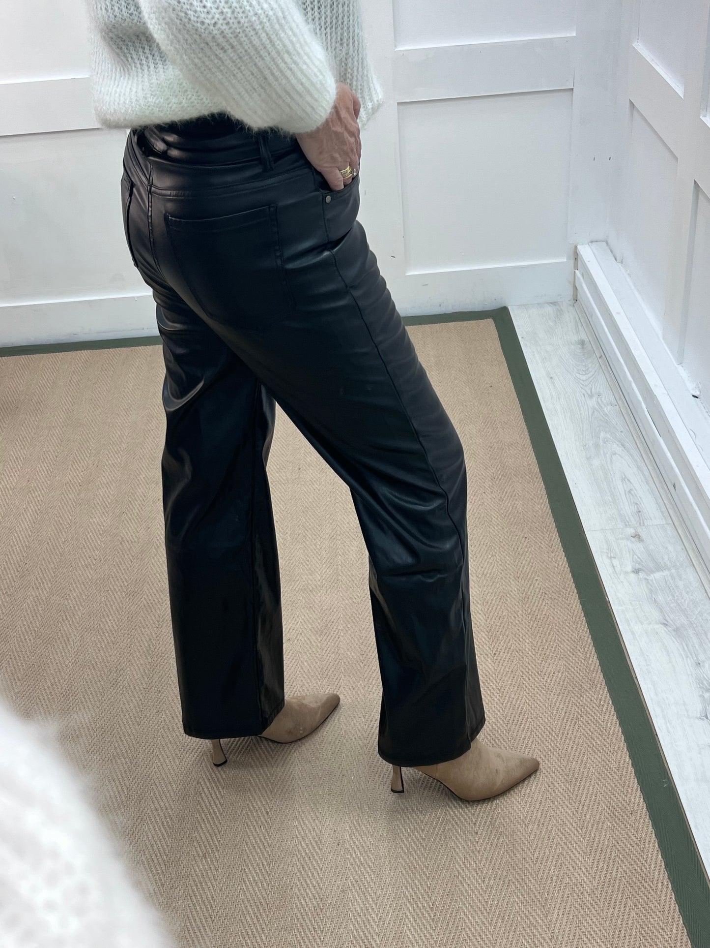 Farren: Black faux leather trousers. Sizes 8-16