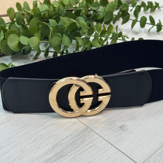 Calla: Black gold GG buckle wide belt. One size: 8-16