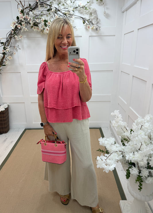 Zoey: Bardot linen layered top. One size: 12-18. 2 colours