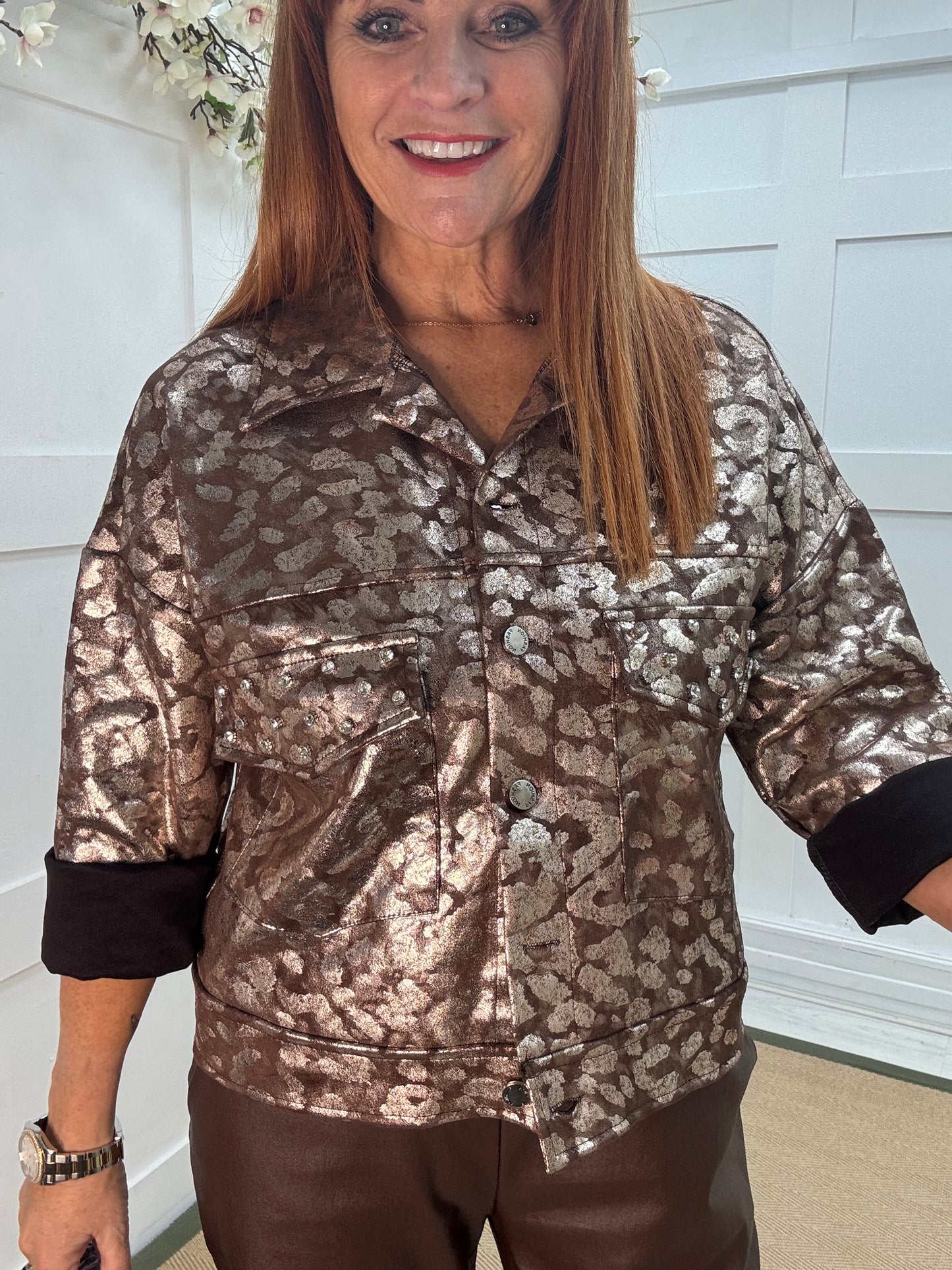 Ramona: Brown and gold luxe leopard jacket . One size: 10-16