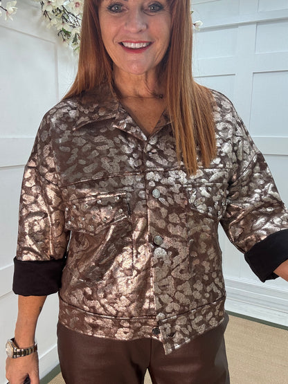 Ramona: Brown and gold luxe leopard jacket . One size: 10-16
