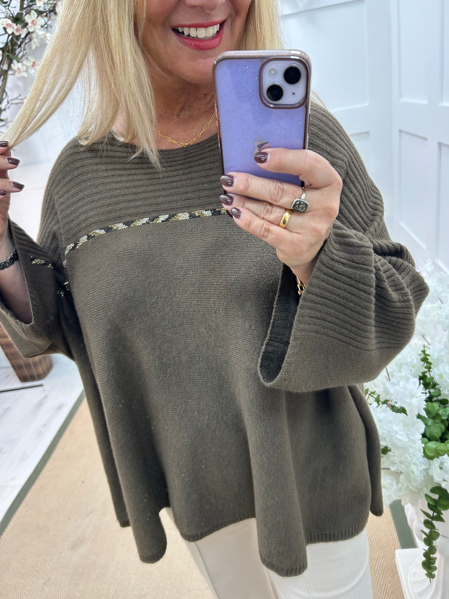 Indra: Brown oversized diamanté stripe top. One size: Free size