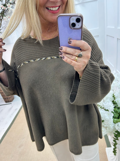 Indra: Brown oversized diamanté stripe top. One size: Free size