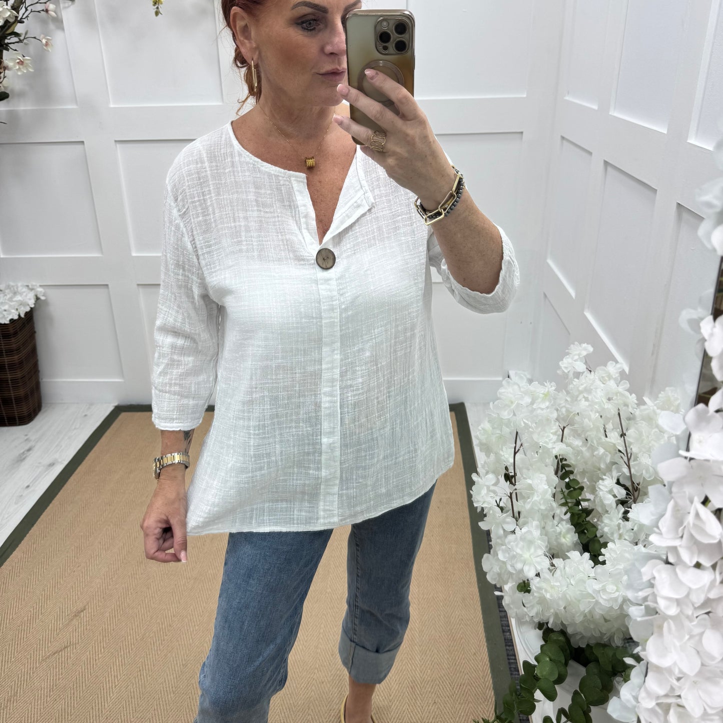 Vivienne: White cotton V neck top. One size: 10-16