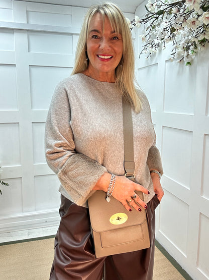 Coco: Oatmeal faux fur cuff knitted top. One size: 14-18