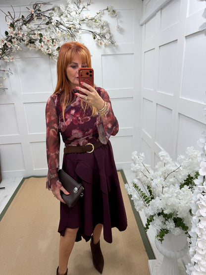 Sabrina: Asymmetrical layered belted midi skirt. One size: 10-16. 3 colours