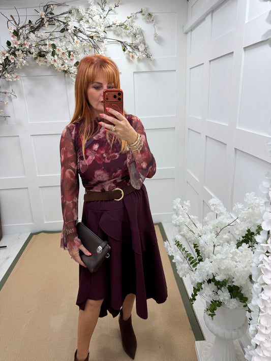 Sabrina: Asymmetrical layered belted midi skirt. One size: 10-16. 3 colours