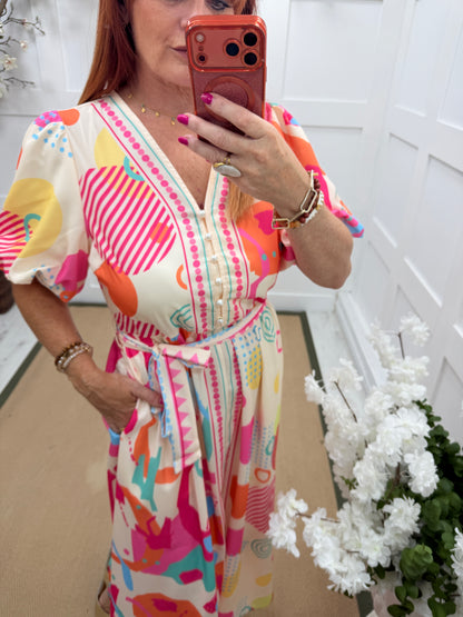Mabel: Multicoloured geometric print belted maxi dress. 5 sizes. 8-16