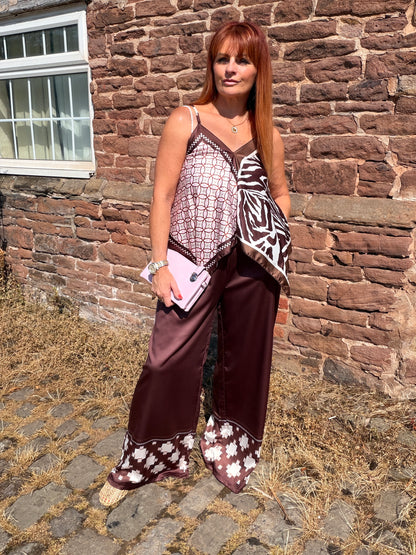 Sienna: Silky reversible printed top & wide leg trouser co-ord set. One Sz: 10-16. 4 colours