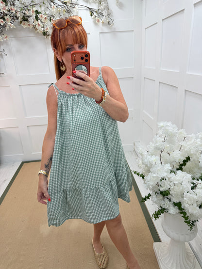 Gina: Gingham print strappy knee length dress. One size: 12-18. 4 colours