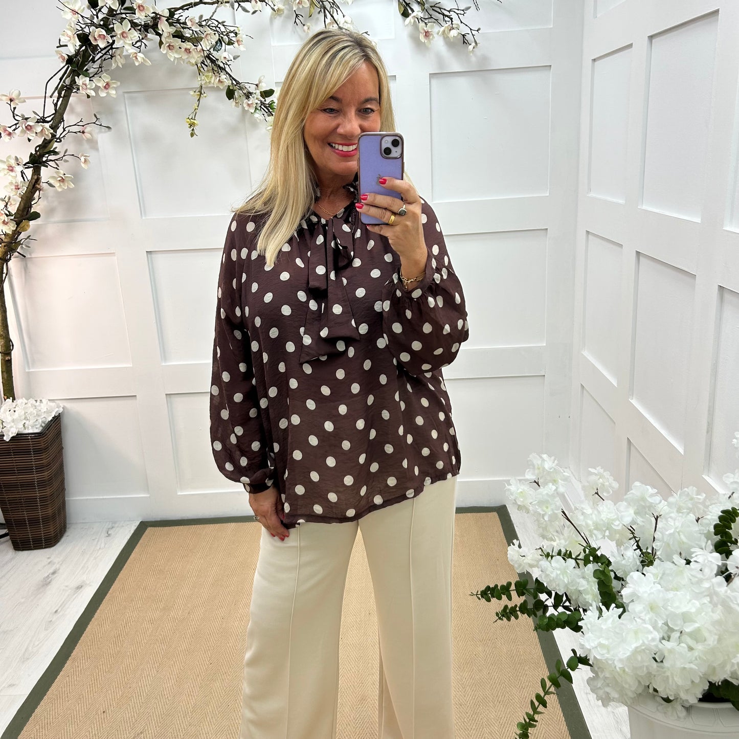 Dotty: Brown & cream spotty tie top. One size: 14-20