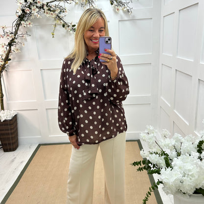 Dotty: Brown & cream spotty tie top. One size: 14-20