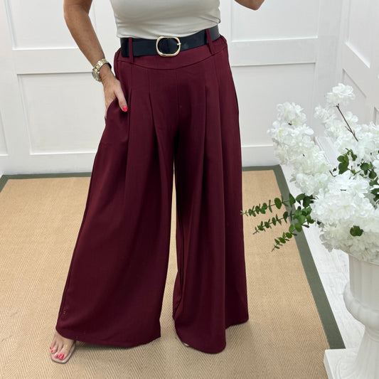 Zina: Burgundy pocket wide leg trousers. One size: 8-14