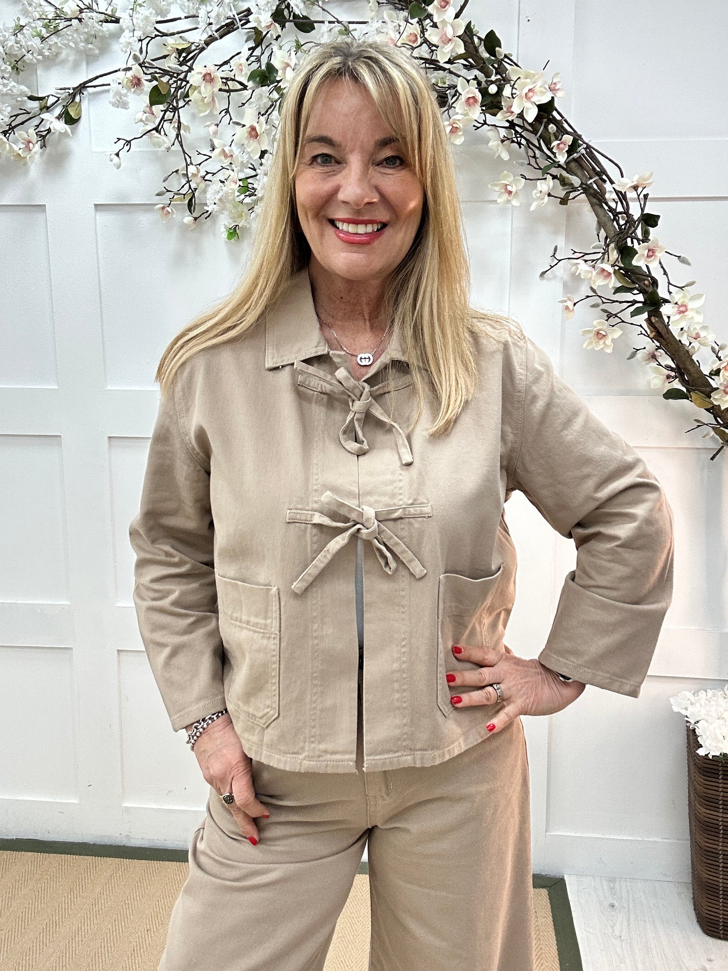 Jilly: Stone cotton tie front jacket. 2 Sizes