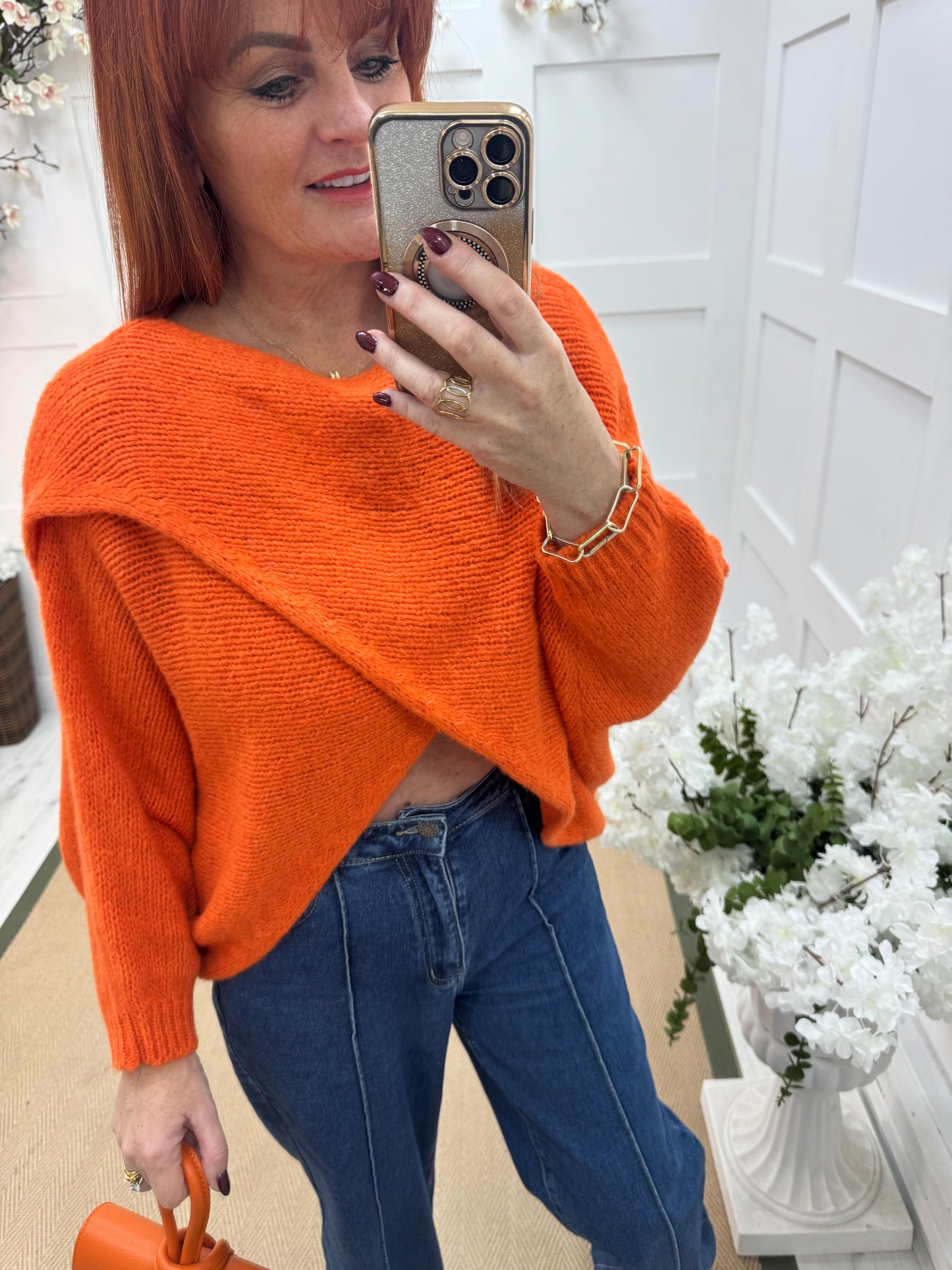 Willow: Orange stretchy short wrap top. One size: 10-18