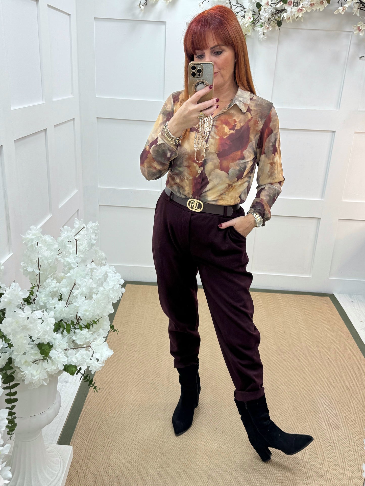 Rylee: Burgundy herringbone belted trousers. One size: 10-14