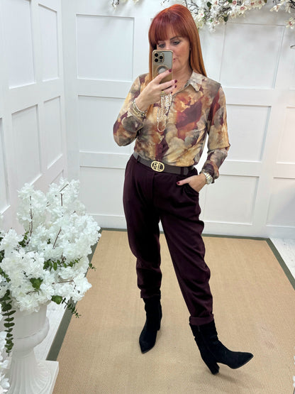 Rylee: Burgundy herringbone belted trousers. One size: 10-14