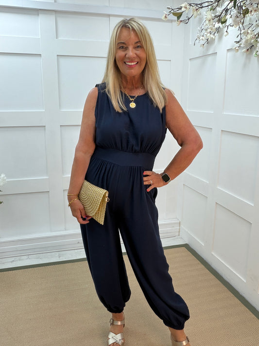 Jaydn: Sleeveless cuff leg jumpsuit with pockets. One size: 12-16. 3 colours