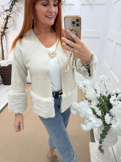 Pixi: Oatmeal faux fur & gold buckle coatigan. One size: 12-18