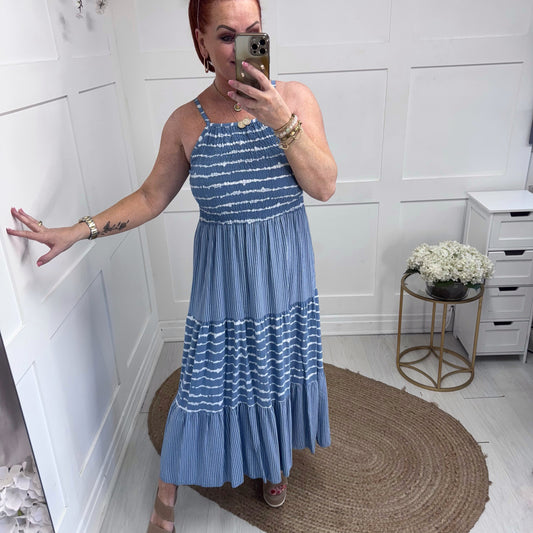 Serena: Blue strappy striped midi dress. One size: 10-14