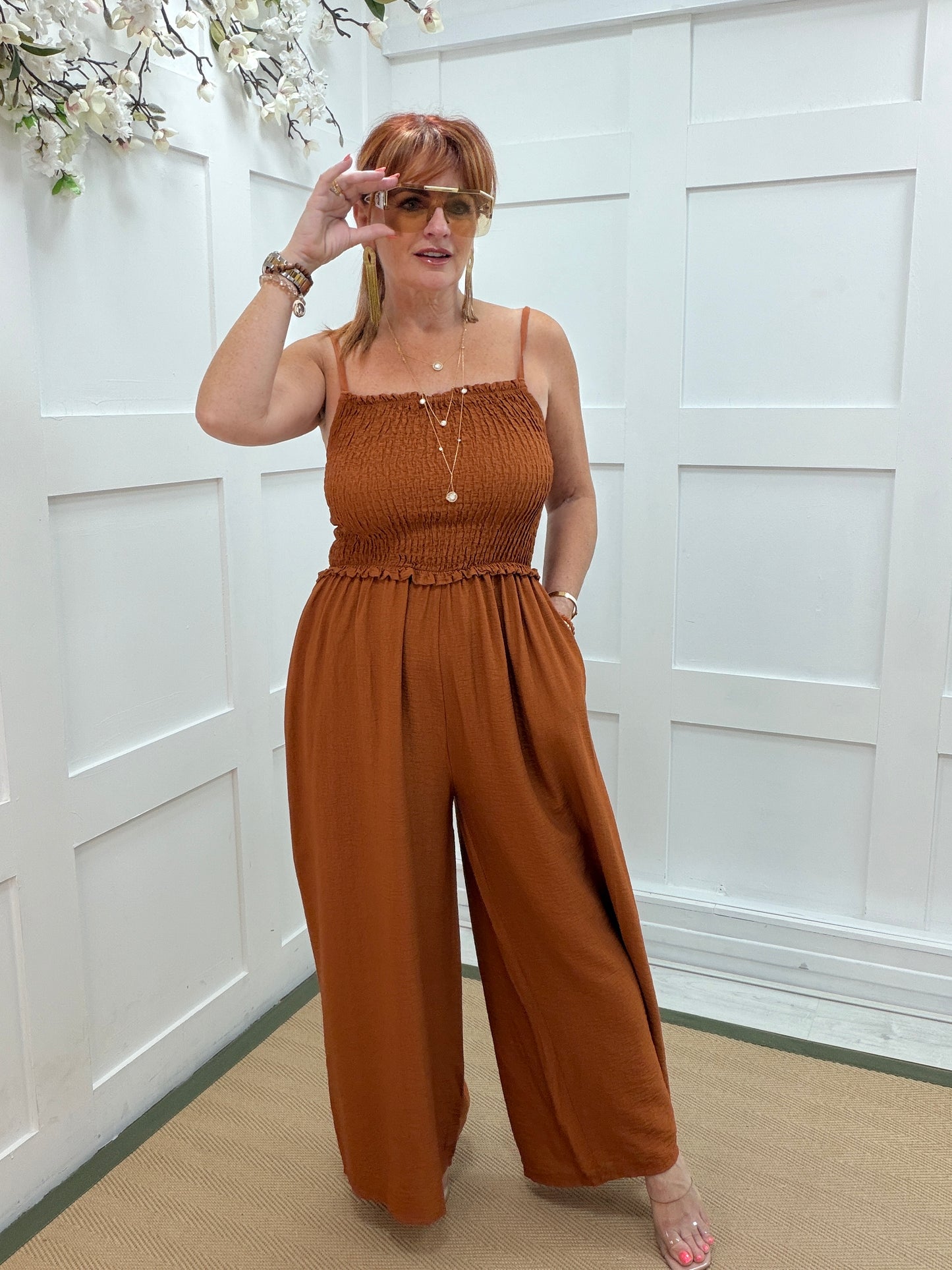 Allegra: Shirred bodice wide leg jumpsuit. 8-16. 5 colours