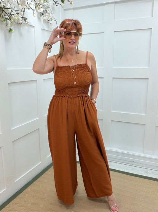 Allegra: Shirred bodice wide leg jumpsuit. 8-16. 5 colours