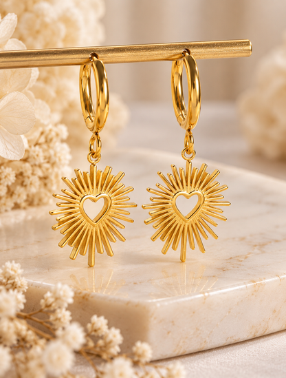 Amora: 18K gold heart burst hoop earrings