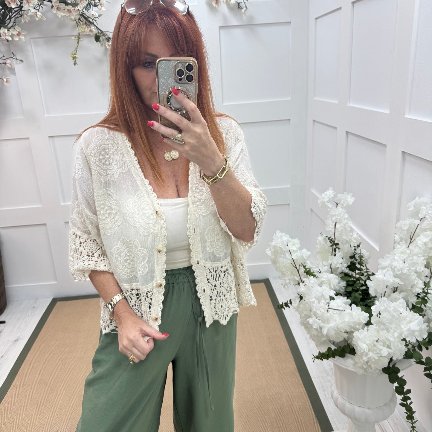 Effie: Cream embroidered cardigan top. One size: 12-18