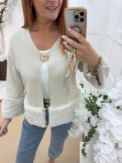 Pixi: Oatmeal faux fur & gold buckle coatigan. One size: 12-18