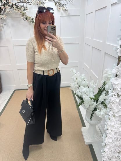 Ellis: Black stretchy wide leg belted trousers One Size: 14-20