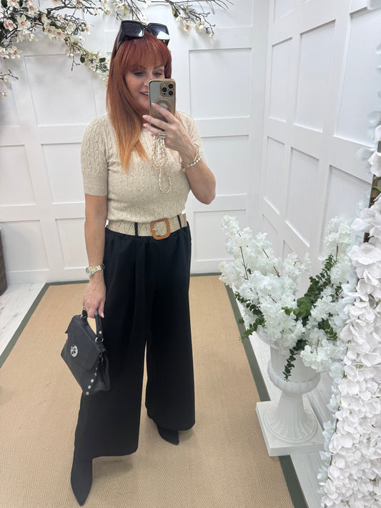 Ellis: Black stretchy wide leg belted trousers One Size: 14-20
