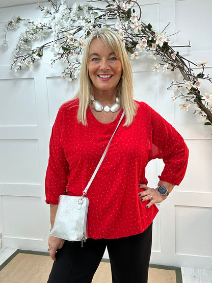 Ava: Red diamanté sparkle top. One size: 12-18