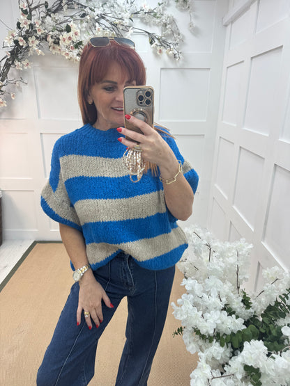 Mabel: Beige & cobalt slouchy jumper. One size 12-18/20