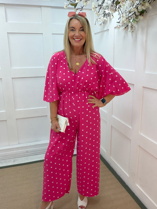 Amalia: Pink and white spotty wide leg jumpsuit. One size: 14-18