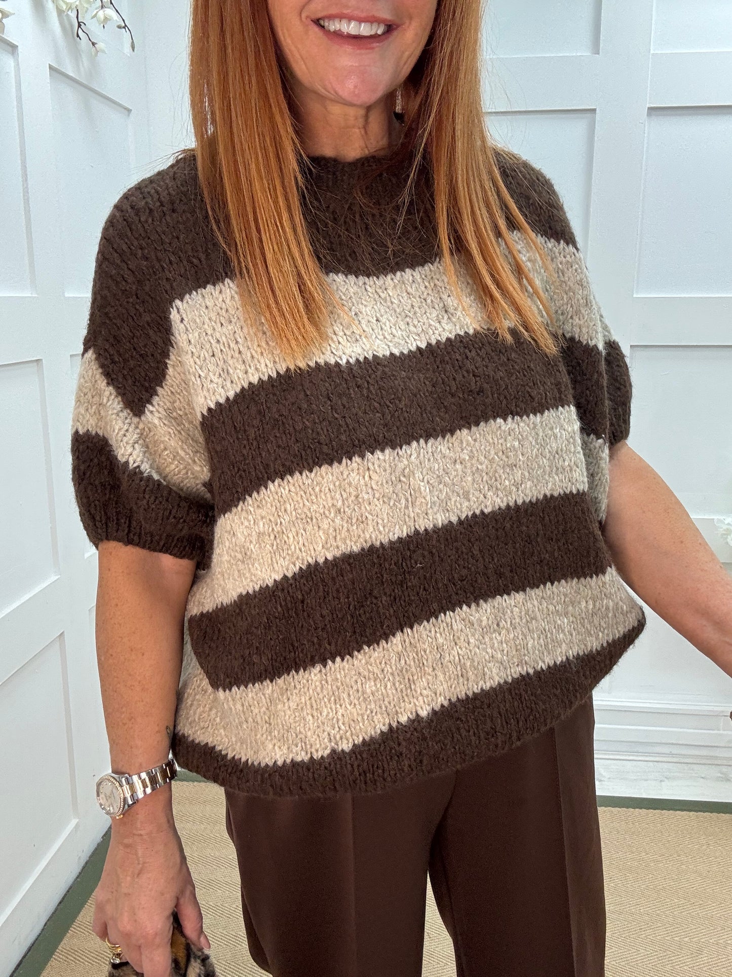 Mabel: Brown & cream slouchy jumper. One size 12-18/20