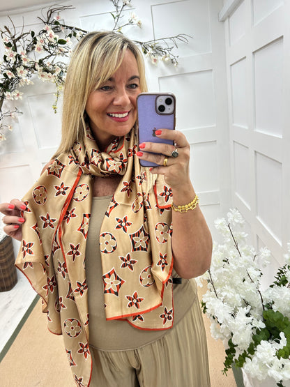 Sally: Sand & orange designer inspired silk scarf
