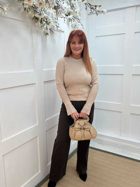 Skylar: Sand ribbed diamanté cuff long sleeve top. Two sizes.